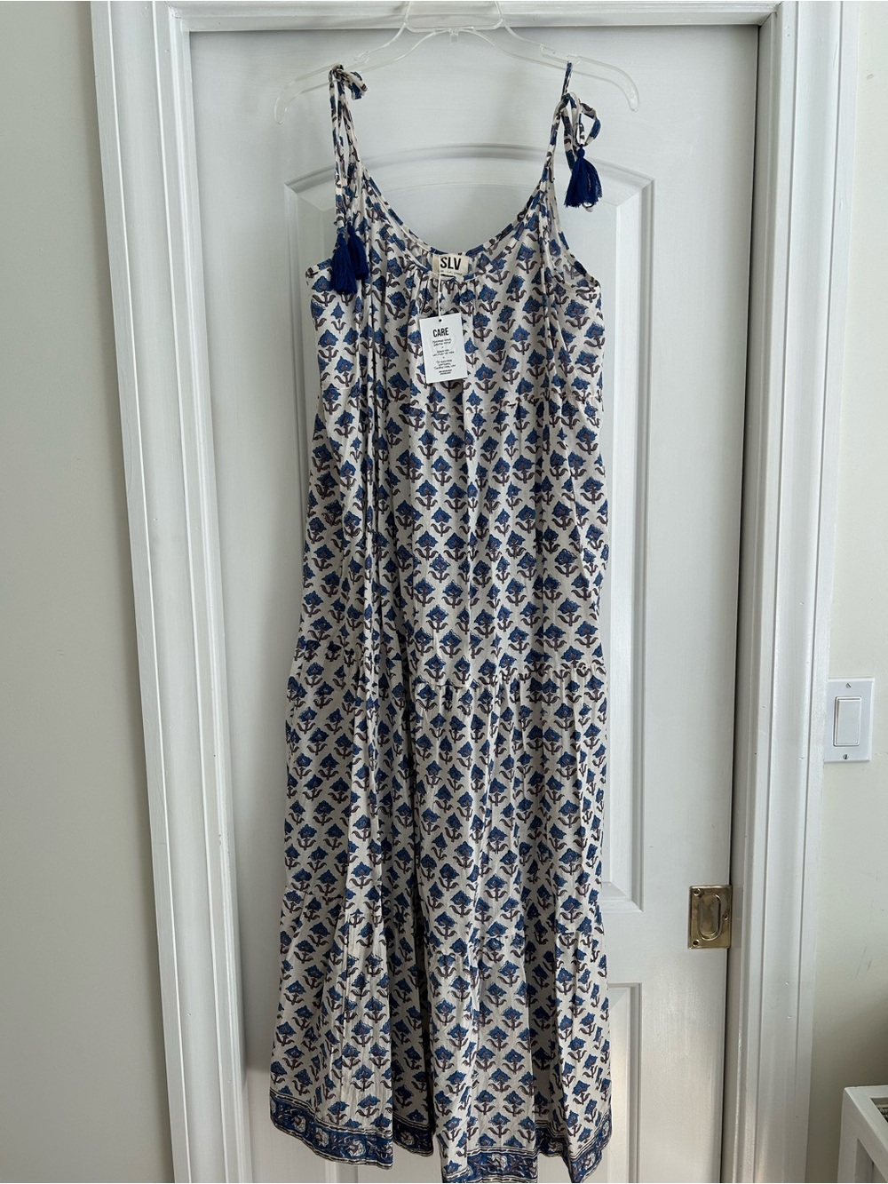 SLV Cream and Navy Printed Tie-Shoulder Maxi Dress with Tassels